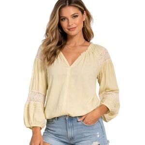 Lucky Brand Boho Crochet Lace Peasant Blouse Yellow V-Neck Relaxed Fit Top S